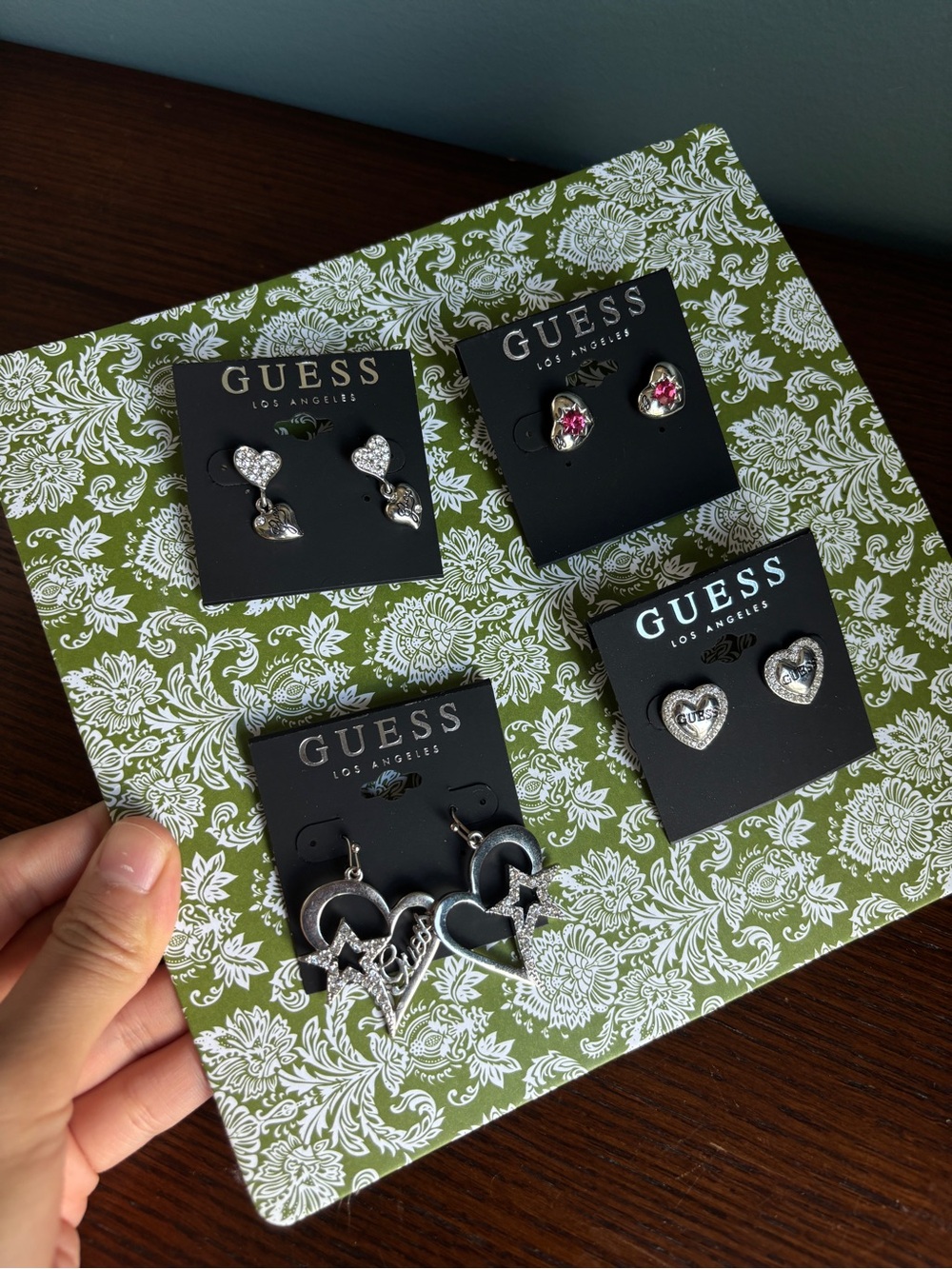 GUESS Women's Heart Earring Set in Silver and Pink - 4 Pairs